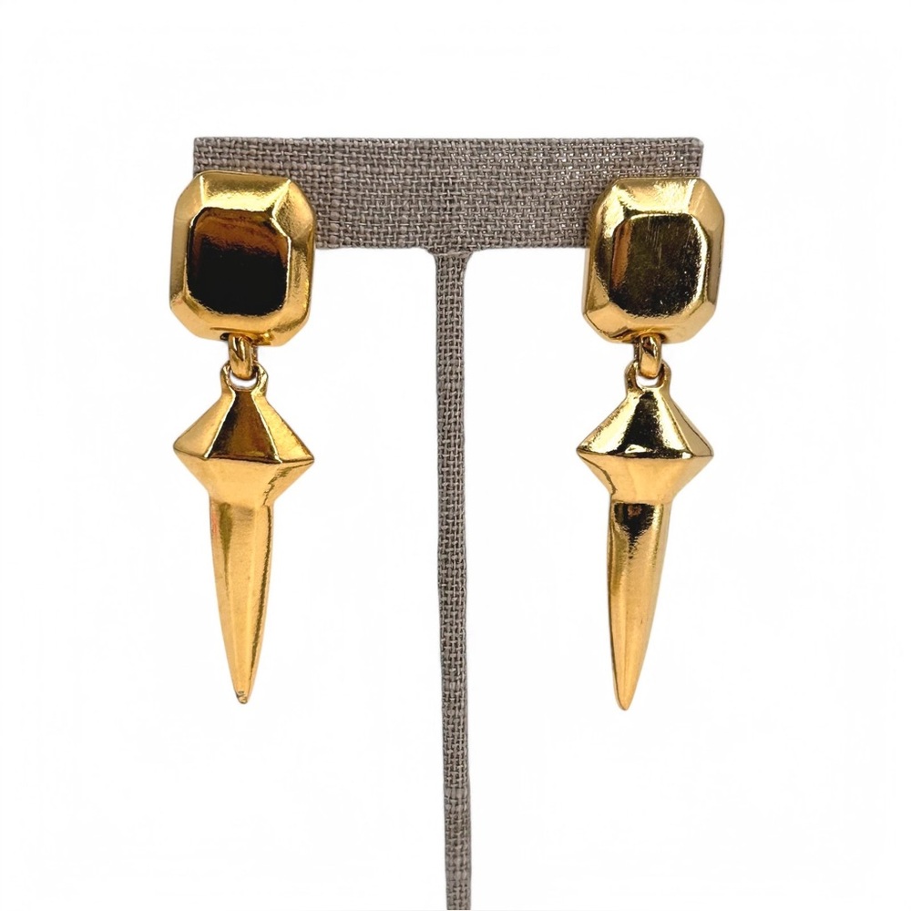 Vintage 80s Clara Studio Signed Earrings Shiny Gold Tone 3 Inch Spike Drop